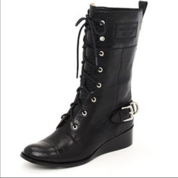 Black Leather Lace-Up Boots - Picture 1 of 10